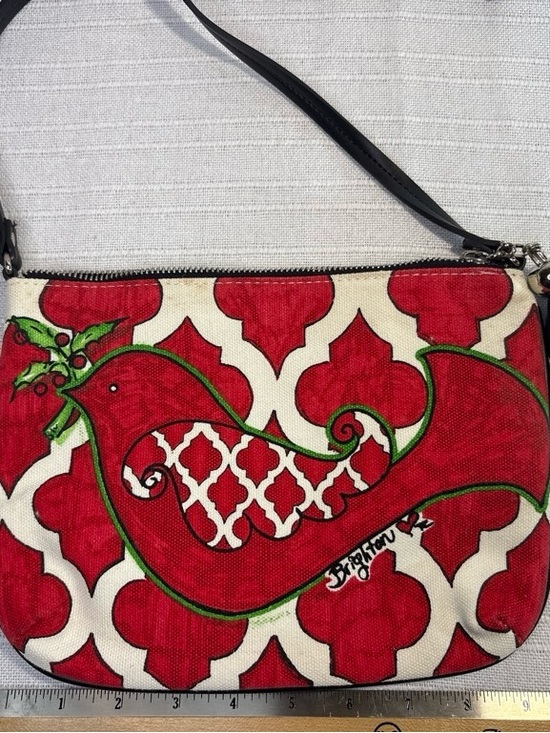 Brighton Handbags - Brighton Canvas Red White Quatrefoil Christmas Partridge Wristlet Bag Small EUC